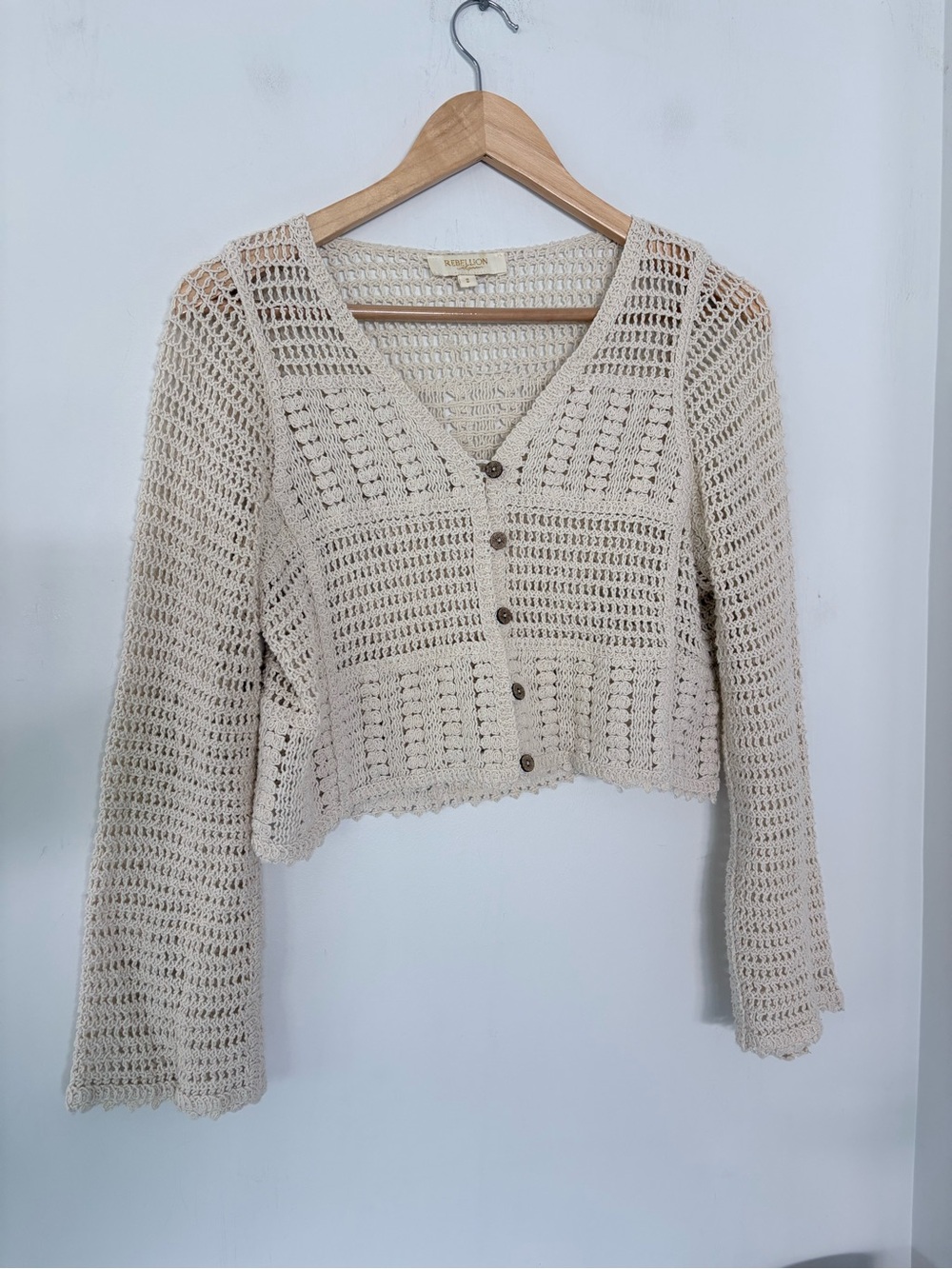 REBELLION AGAIN Sz S Cream Crochet Cropped Cardigan Boho Beachy Festival Western